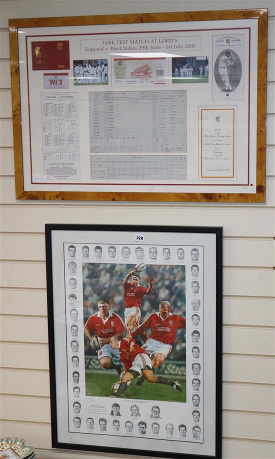 100th Test Match memorabilia items England -V- West Indies year 2000, framed and a Lions Victorious rugby poster
